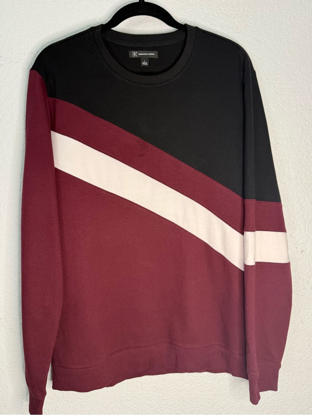 I.N.C. Men’s Colorblock Crewneck Sweater in Burgundy, Black & White